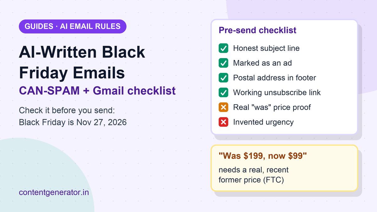 Illustration of a Black Friday email draft with a compliance checklist covering honest subject line, was-price proof, postal address, unsubscribe link and Gmail authentication