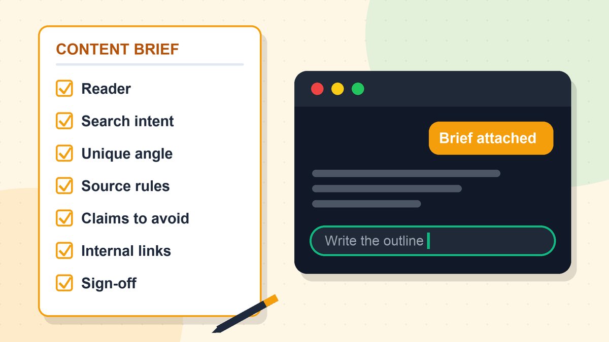 Illustration of a one-page content brief with checked boxes for reader, intent, sources and sign-off, next to a pencil and an AI chat window waiting for the prompt
