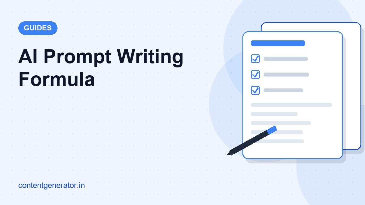 Editorial title card for the AI prompt writing formula guide: a document with checked fields beside the headline