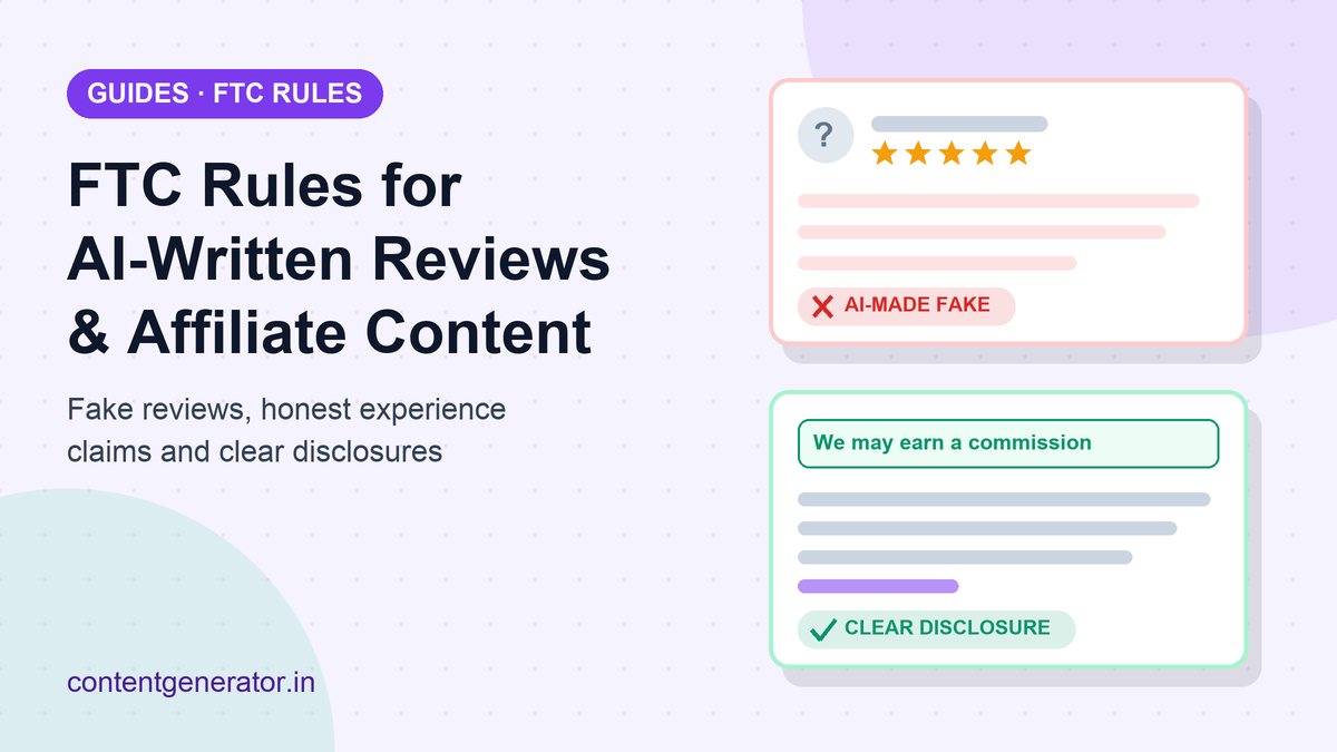 Illustration of an online review card with five stars marked as an AI-made fake review, next to an affiliate blog post with a clear disclosure line at the top marked as compliant