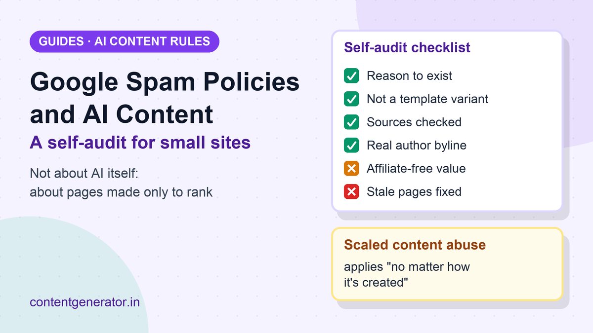 Illustration of a self-audit checklist for Google's spam policies with checked items for scaled content, scraping, thin affiliate pages and bylines